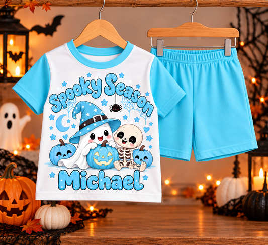 Personalised Boys Spooky Season Halloween Pyjamas – Baby Blue Kids PJs