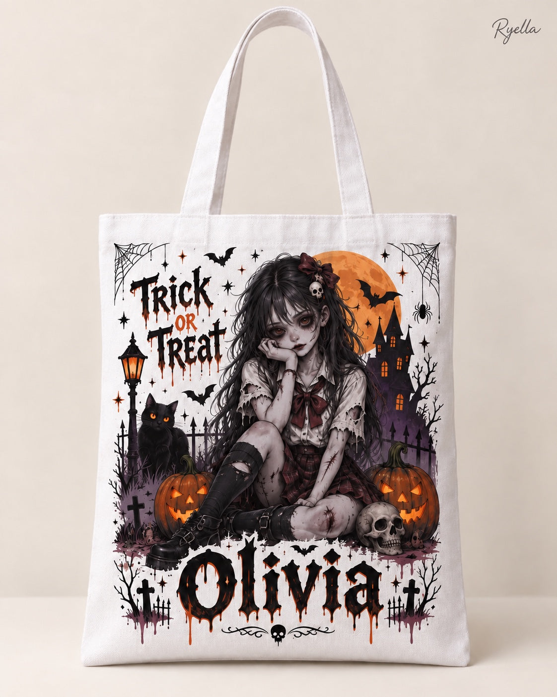 Personalised Gothic Schoolgirl & Haunted House Halloween Trick or Treat Bag