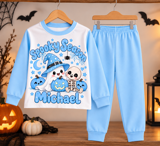 Personalised Boys Spooky Season Halloween Pyjamas – Baby Blue Kids PJs