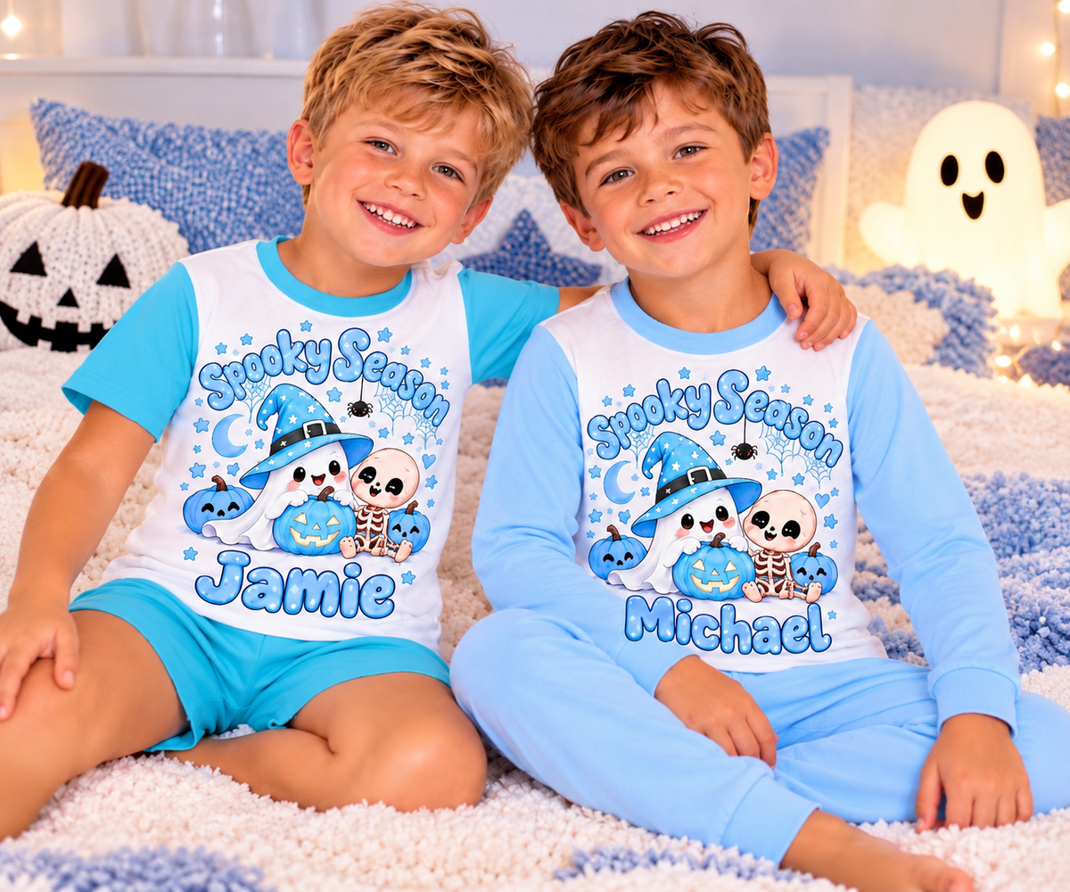 Personalised Boys Spooky Season Halloween Pyjamas – Baby Blue Kids PJs