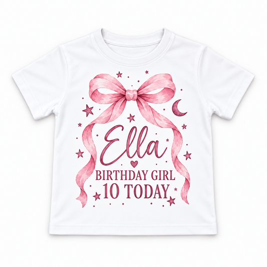 Personalised Girls Pink Bow Birthday T-Shirt – Name & Age