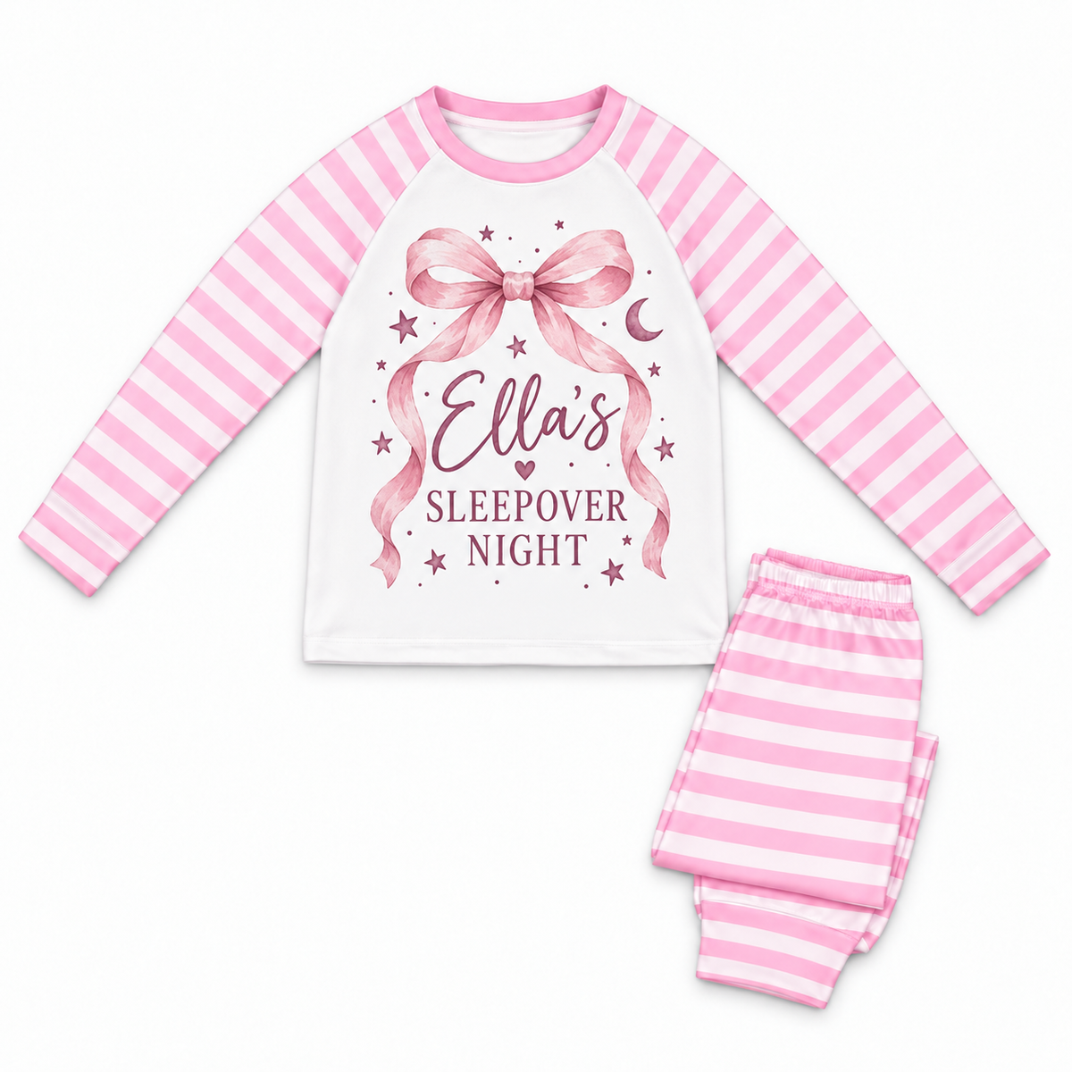 Personalised Girls Sleepover Pyjamas – Pink Bow & Name