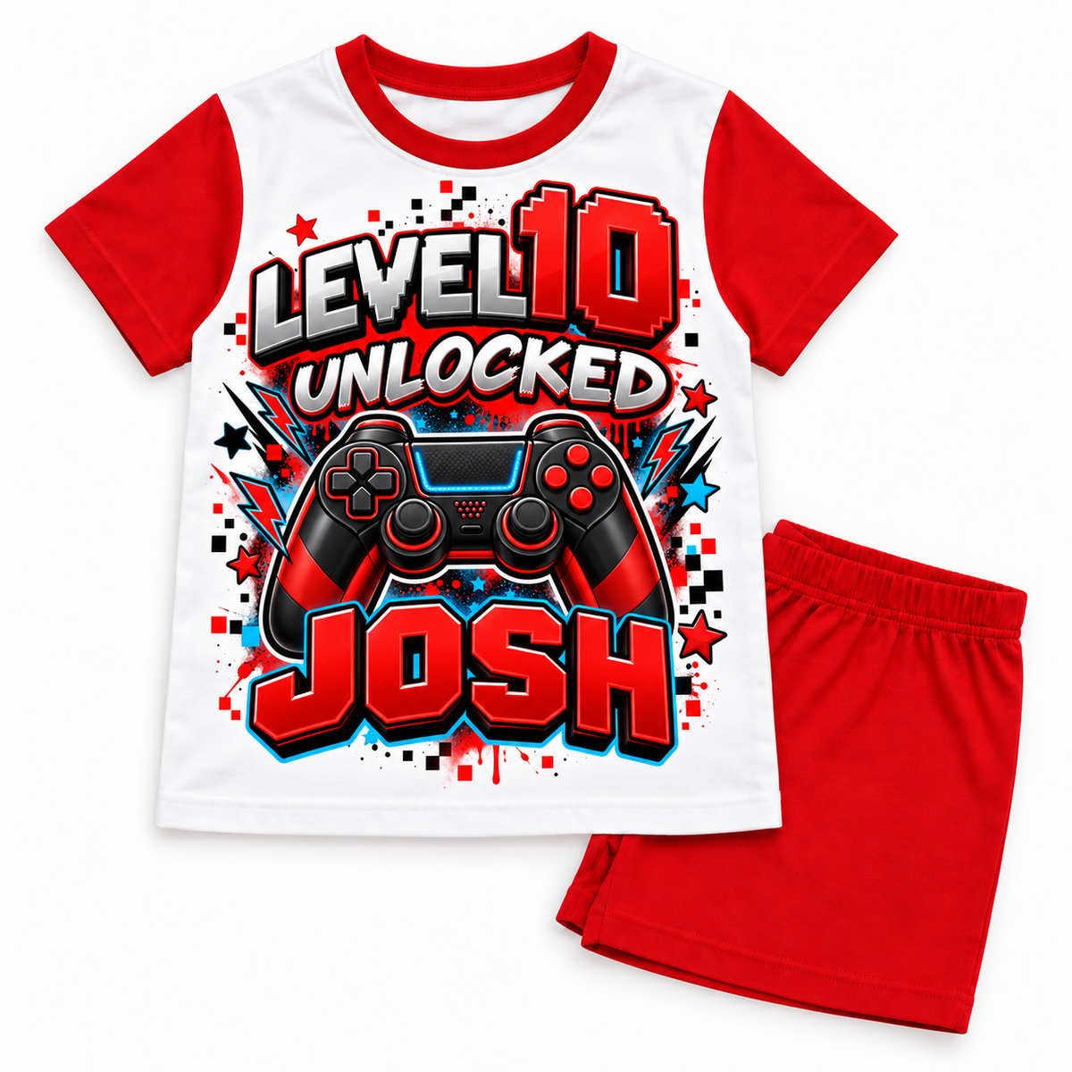 Personalised Boys Gaming Birthday Pyjamas – Level Unlocked – Red Shorts