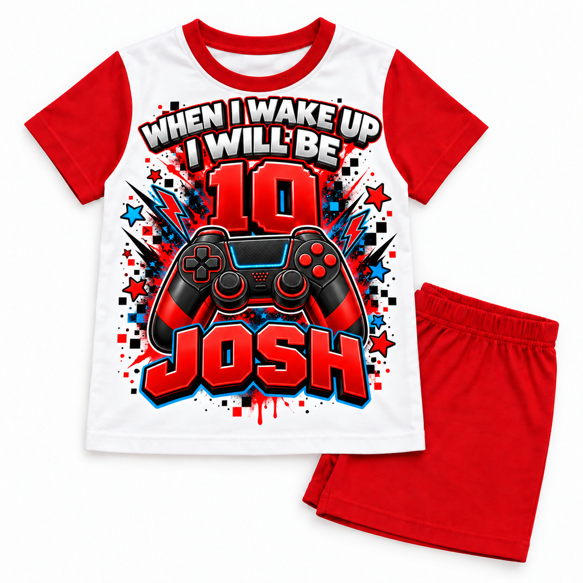 Personalised Boys Gaming Birthday Pyjamas – When I Wake Up – Red Shorts