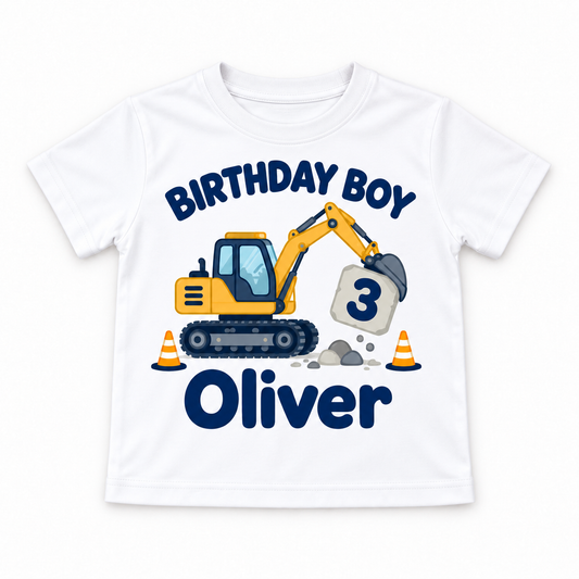 Personalised Boys Construction Digger Birthday T-Shirt – Name & Age