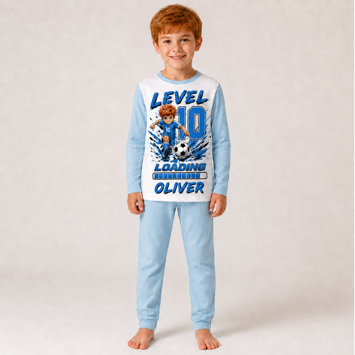 Personalised Boys Football Birthday Pyjamas – Custom Name, Age & Hair