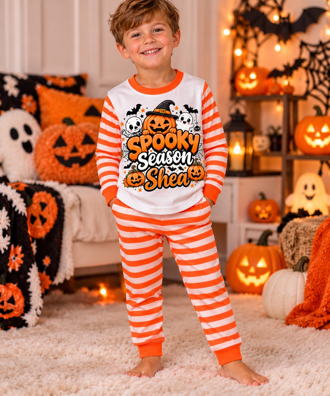 Personalised Spooky Season Orange Stripe Pyjamas