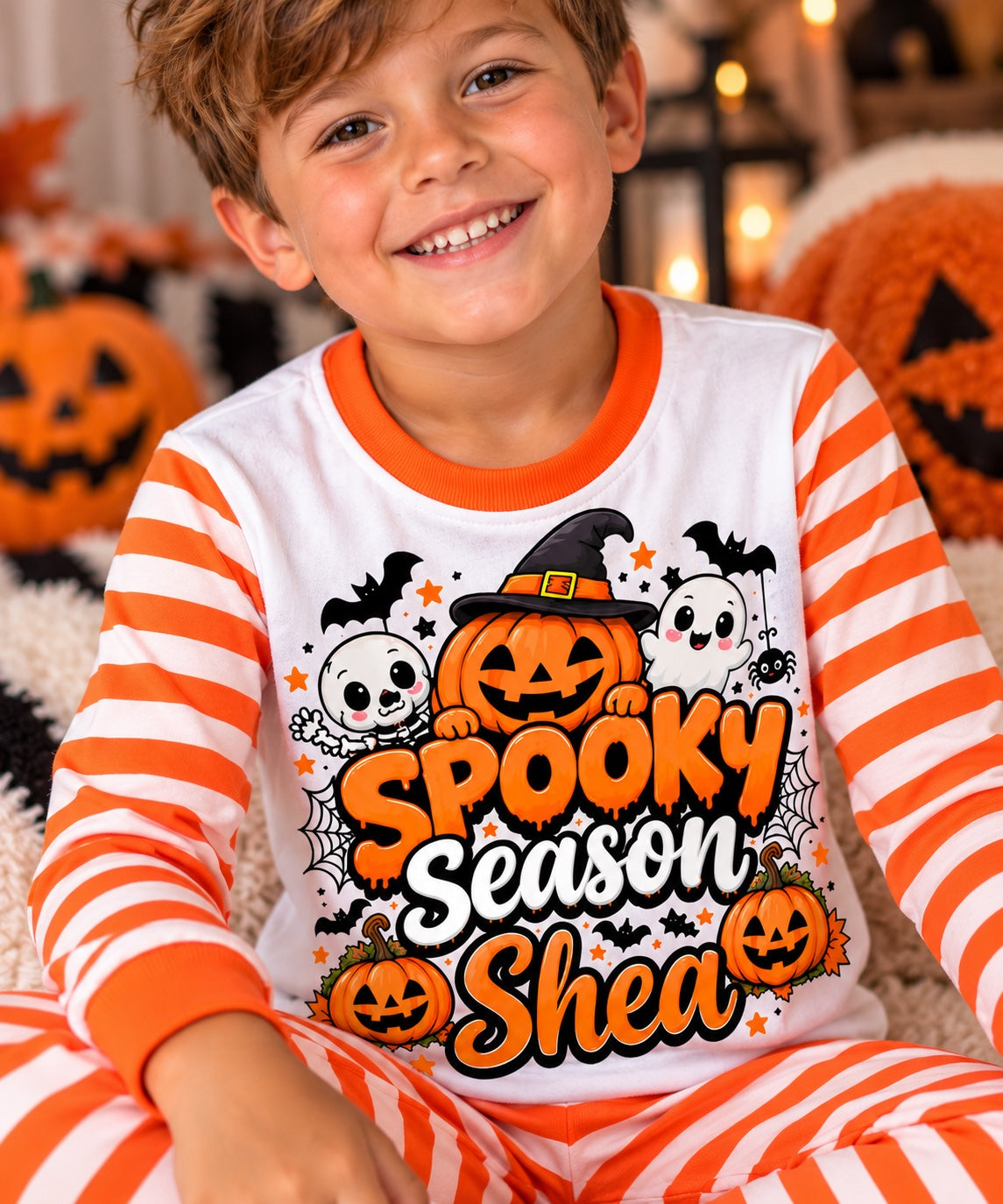 Personalised Spooky Season Orange Stripe Pyjamas