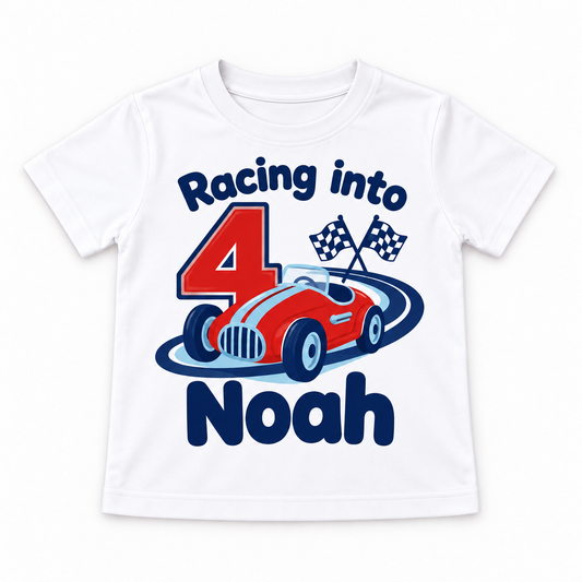 Personalised Boys Racing Car Birthday T-Shirt – Name & Age