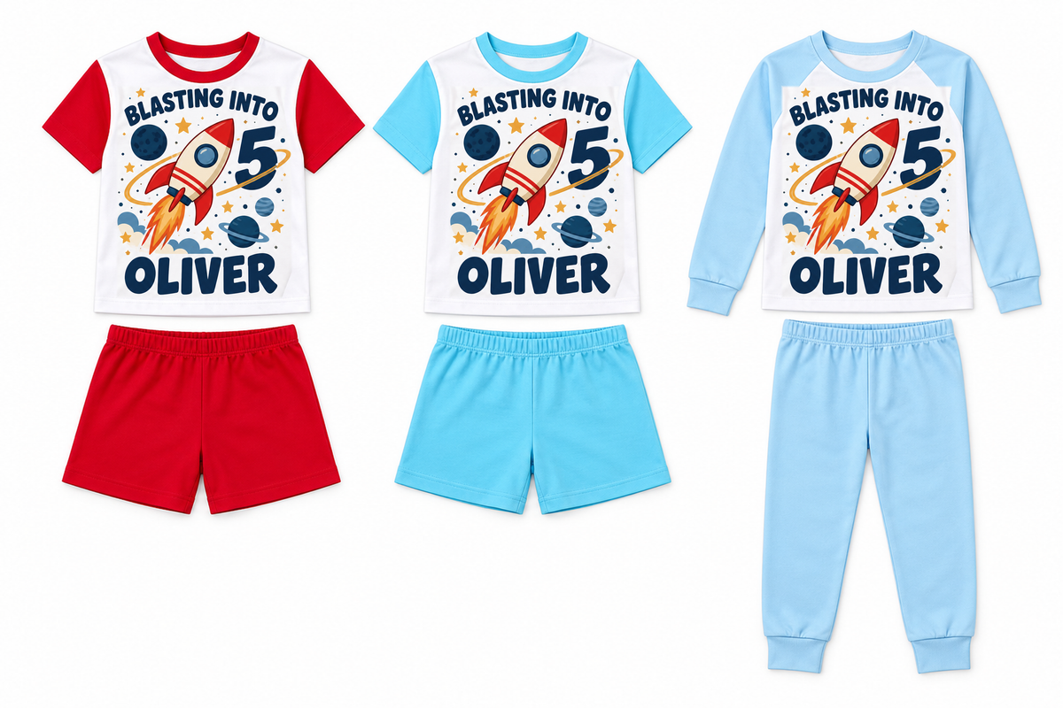 Personalised Boys Space Birthday Pyjamas – Rocket, Name & Age