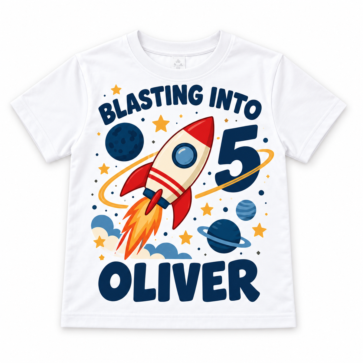 Personalised Boys Space Rocket Birthday T-Shirt – Name & Age