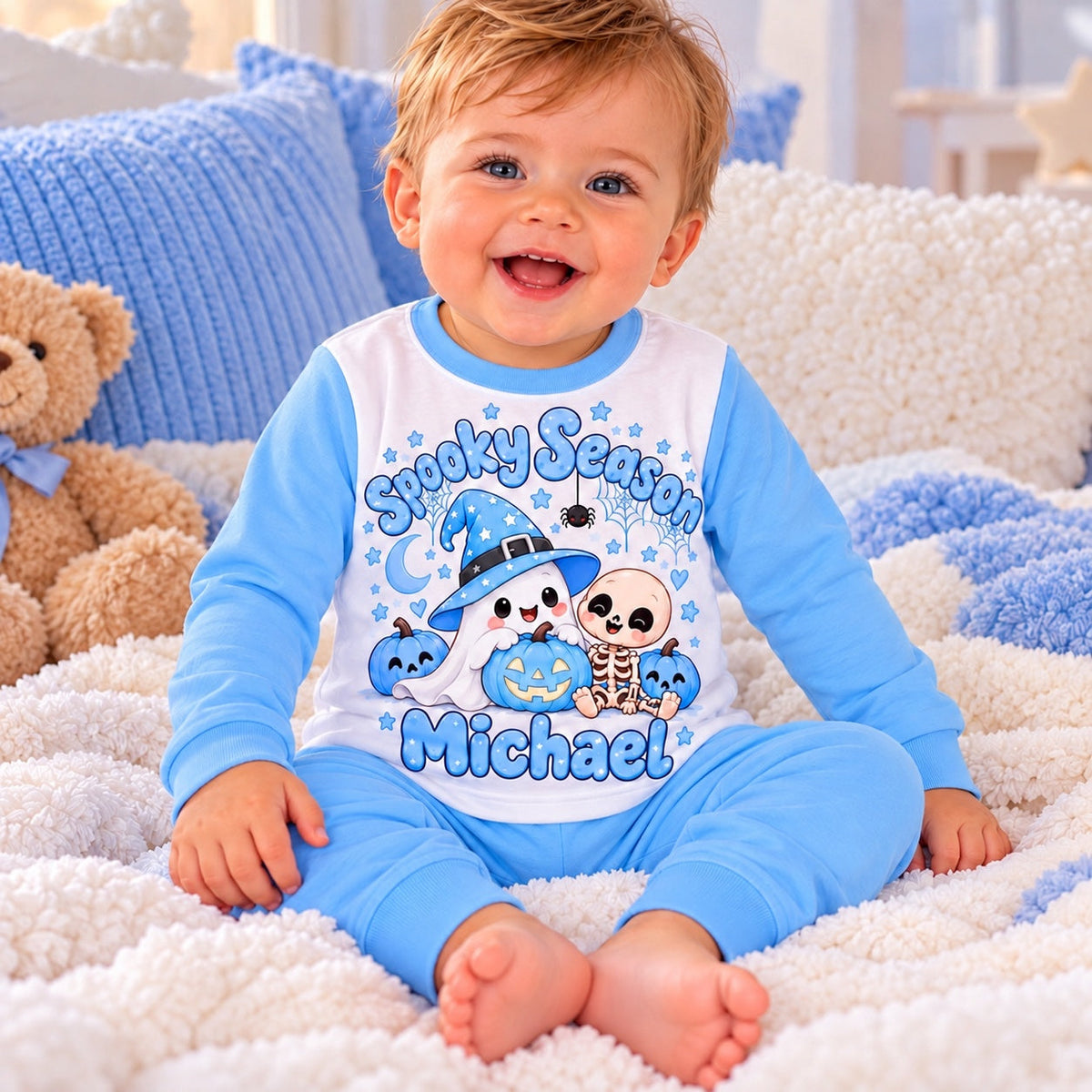 Personalised Boys Spooky Season Halloween Pyjamas – Baby Blue Kids PJs